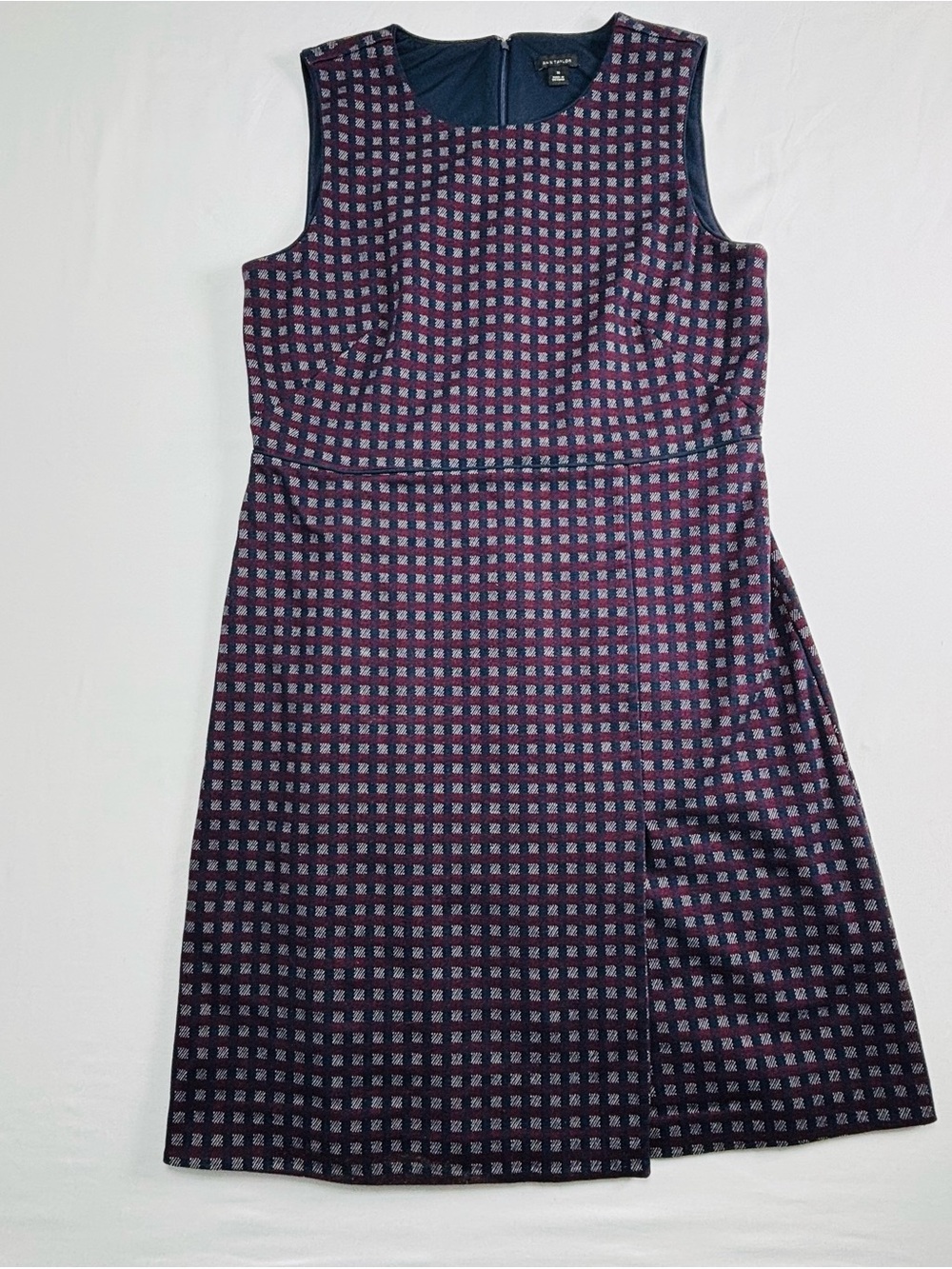 J. Crew Sleeveless Checked Midi Dress in Navy and Burgundy